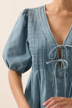 Denim Puff-Sleeve Tie-Front Pleated Romper: Denim Blue