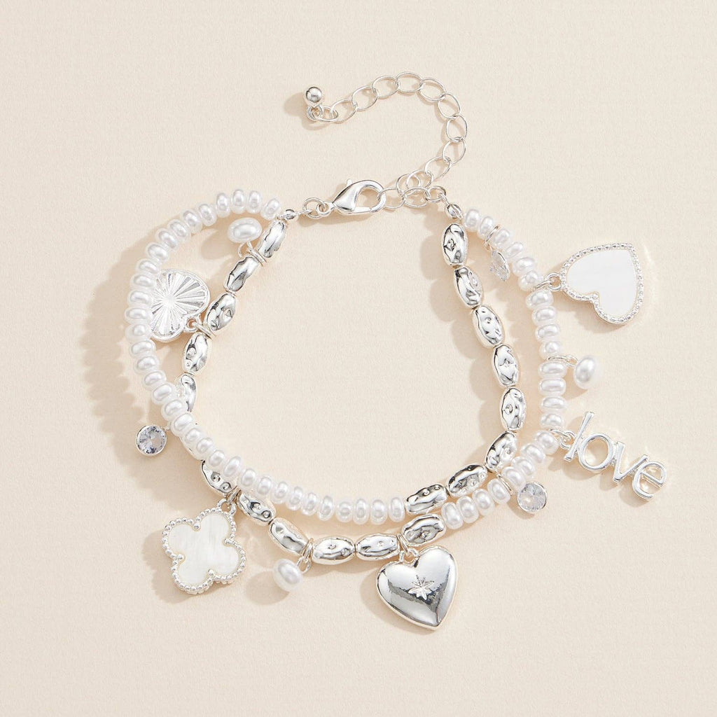 Pearl Charm Layered Bracelet | Heart Clover Love Charms