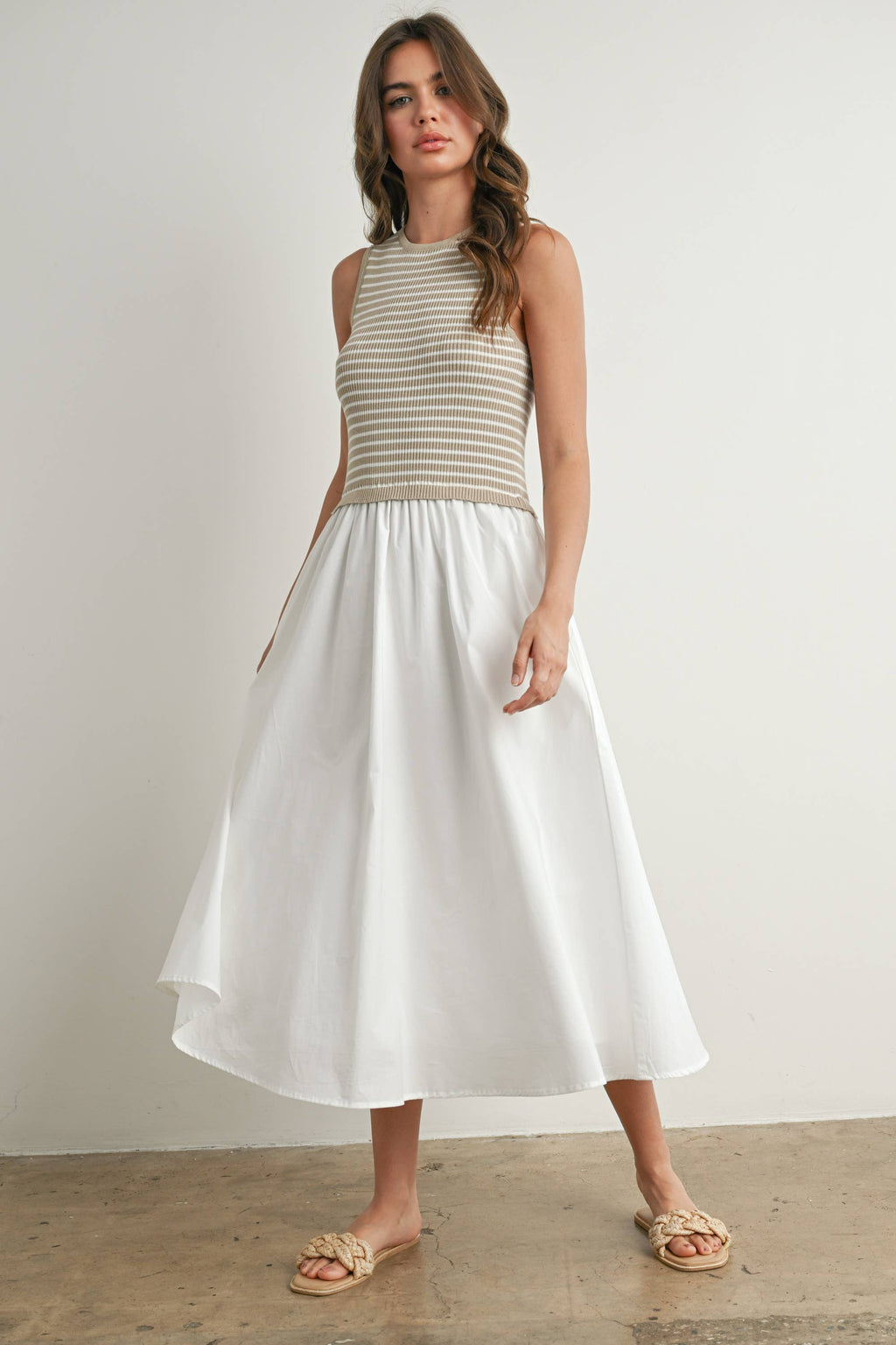 Striped Sleeveless Maxi Dress with Pockets - BMD7594: IVORY / IVORY