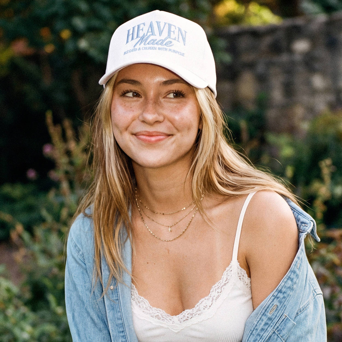 C.C HEAVEN MADE Letter Embroidered Trucker Hat: Sky Blue