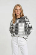 CONTRAST CREW NECK LONG SLEEVE STRIPE TOP: WHITE-BLACK STRIPE