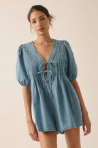 Denim Puff-Sleeve Tie-Front Pleated Romper: Denim Blue