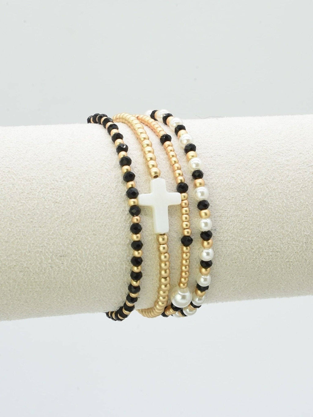 CB2349 4 Piece Glass, Pearl, Cross Bracelet Set: Red