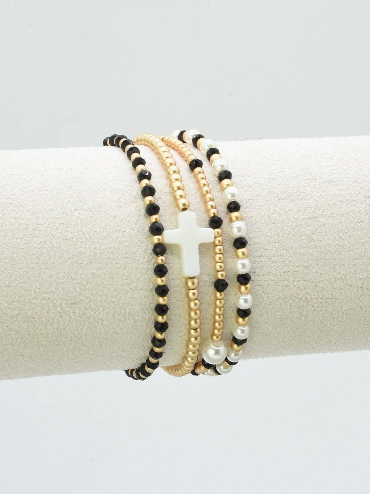CB2349 4 Piece Glass, Pearl, Cross Bracelet Set: Red