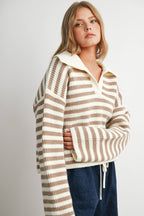 Striped Collared Knit Sweater-BMW8592: IVORY / TAUPE