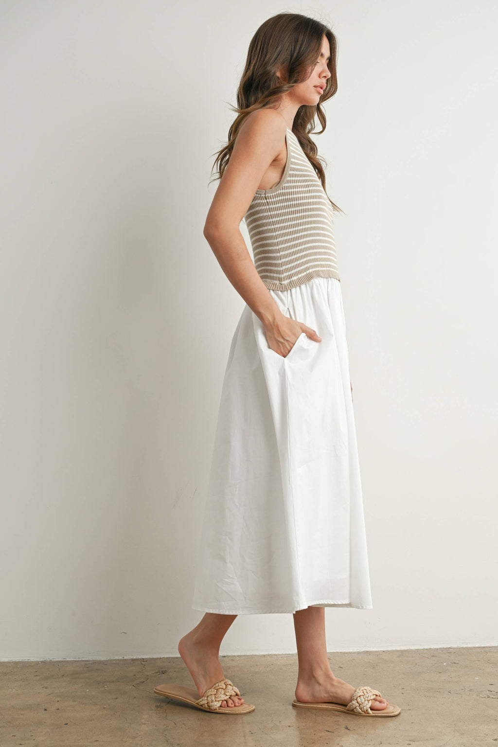 Striped Sleeveless Maxi Dress with Pockets - BMD7594: IVORY / IVORY