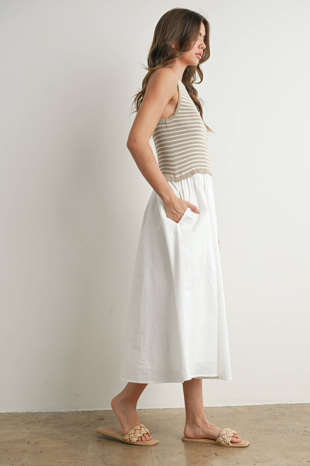 Striped Sleeveless Maxi Dress with Pockets - BMD7594: IVORY / IVORY