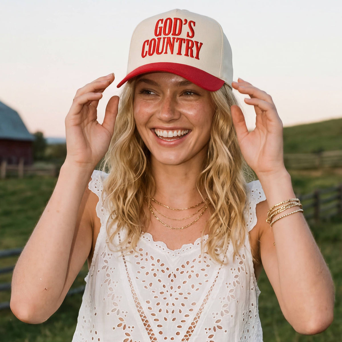 C.C GOD'S COUNTRY Letter on Two Tone Trucker Hat: Red