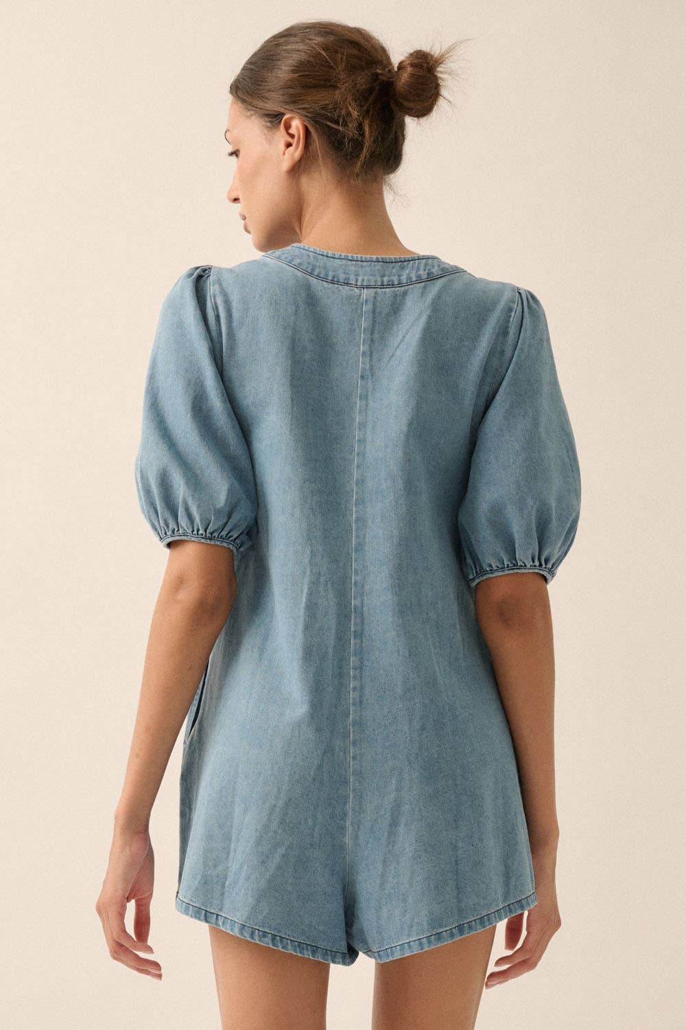 Denim Puff-Sleeve Tie-Front Pleated Romper: Denim Blue