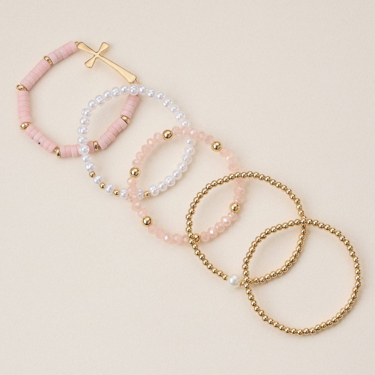 Faith & Cross & Pearl Stretch Bracelet Stack Set