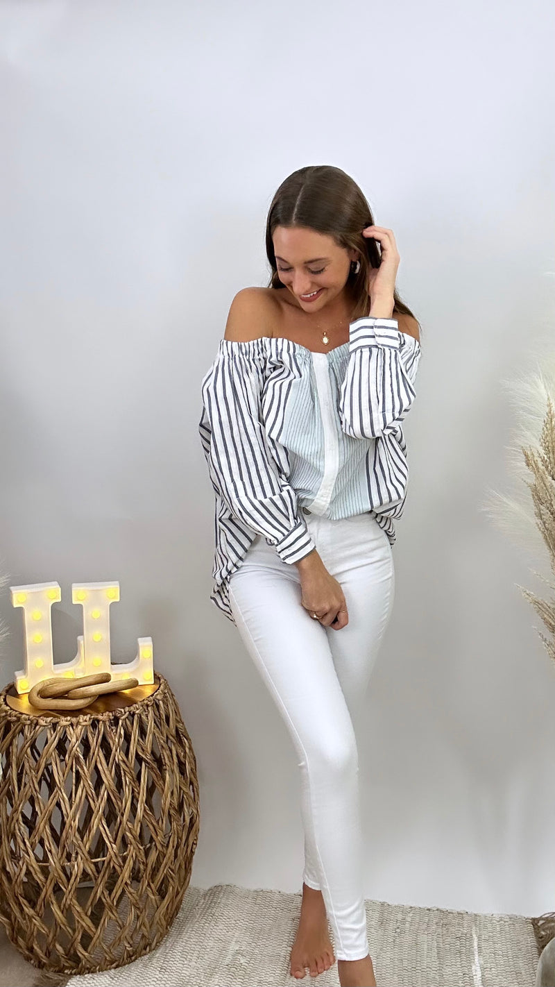 Off the Shoulder Navy/White Striped Top/Dress