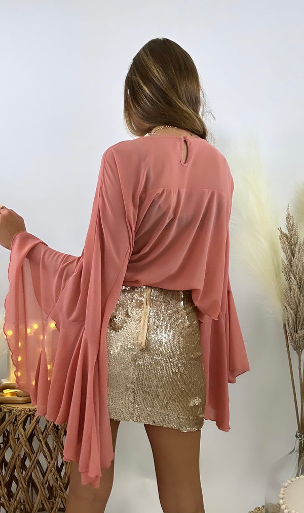 Long Flare Sleeve Chiffon Top