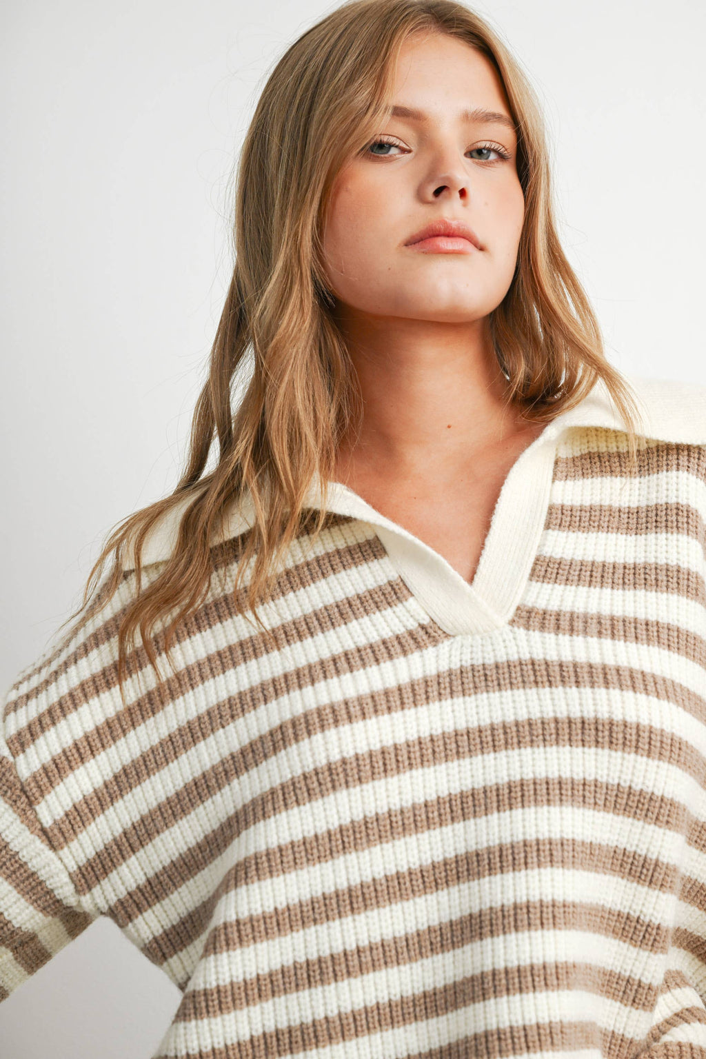 Striped Collared Knit Sweater-BMW8592: IVORY / TAUPE