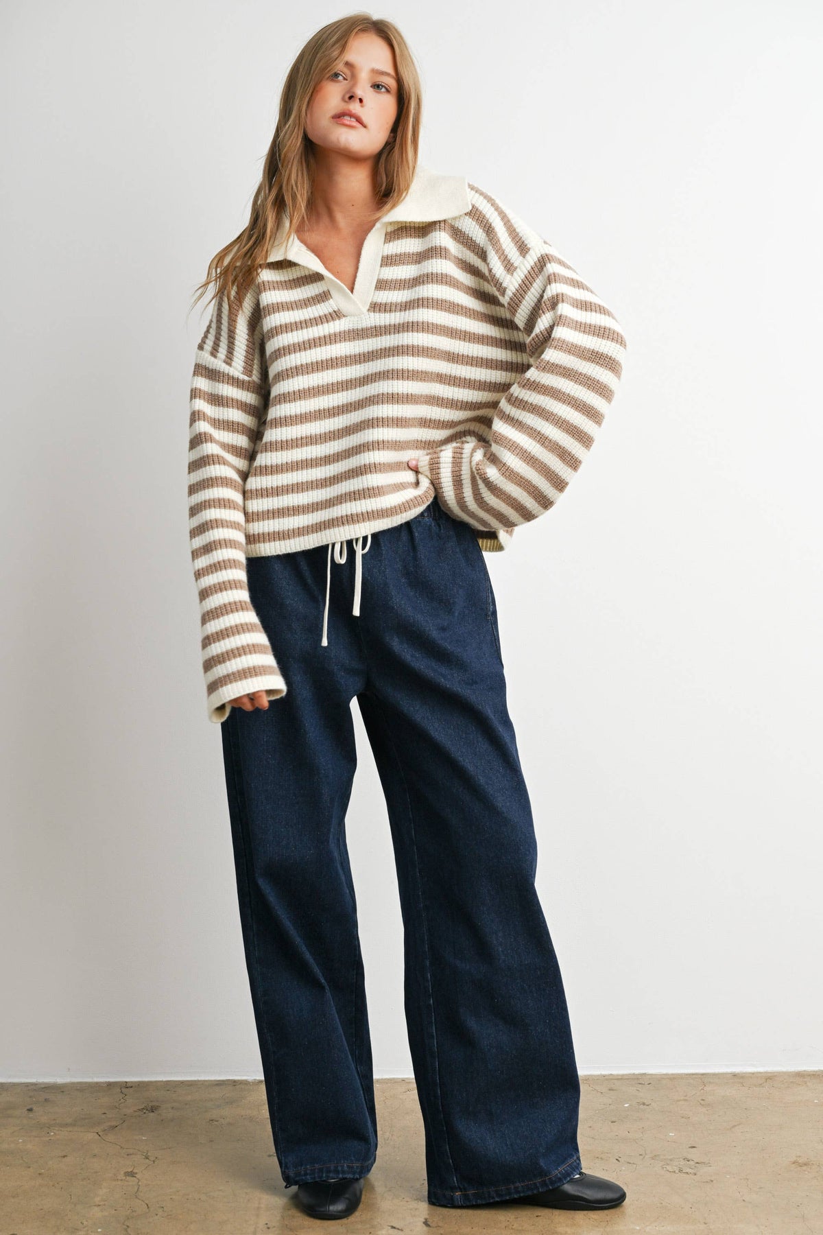 Striped Collared Knit Sweater-BMW8592: IVORY / TAUPE