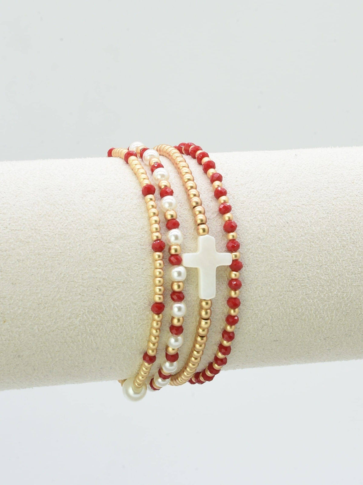 CB2349 4 Piece Glass, Pearl, Cross Bracelet Set: Red