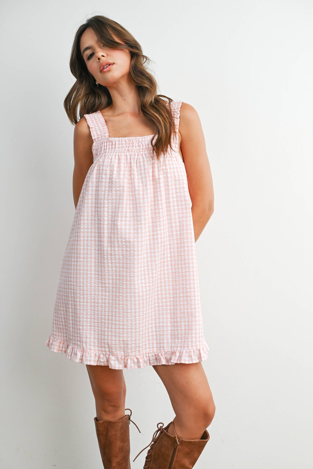Back-Tie Smocked Yoke Ruffle Hem Dress