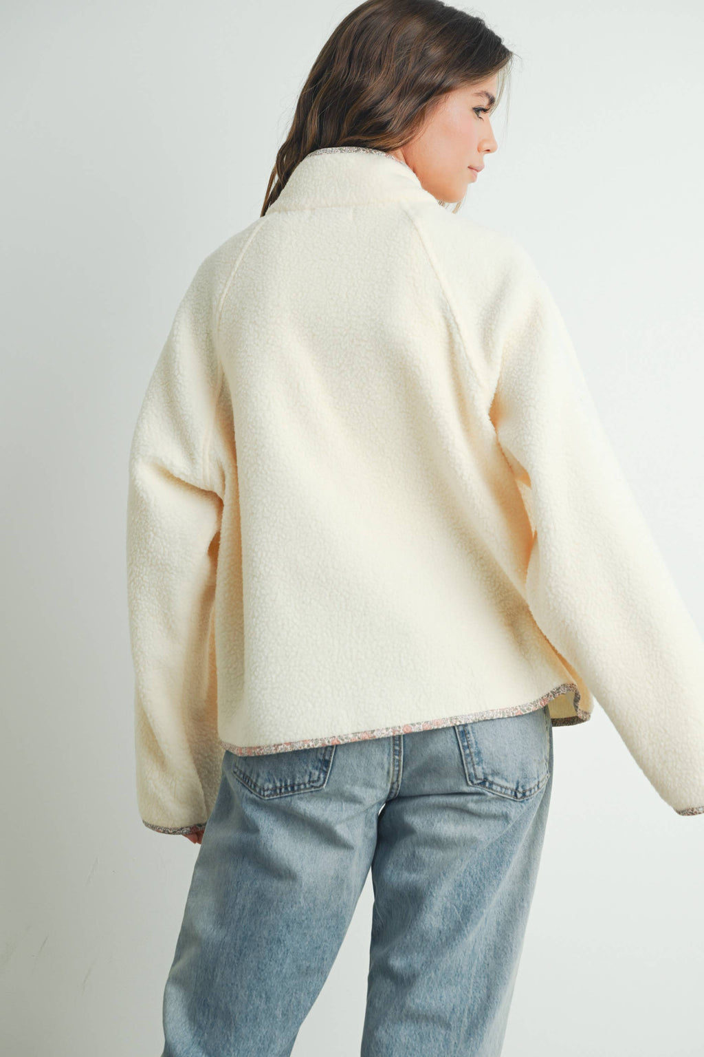 Fall Cozy Snap Mock Neck Sherpa Fleece Jacket - BMJ7547: IVORY / MULTI