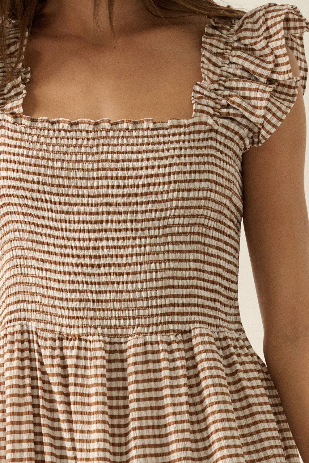 Gingham Plaid Smock Square-Neck Ruffled Maxi Dress: Brown