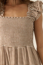 Gingham Plaid Smock Square-Neck Ruffled Maxi Dress: Brown