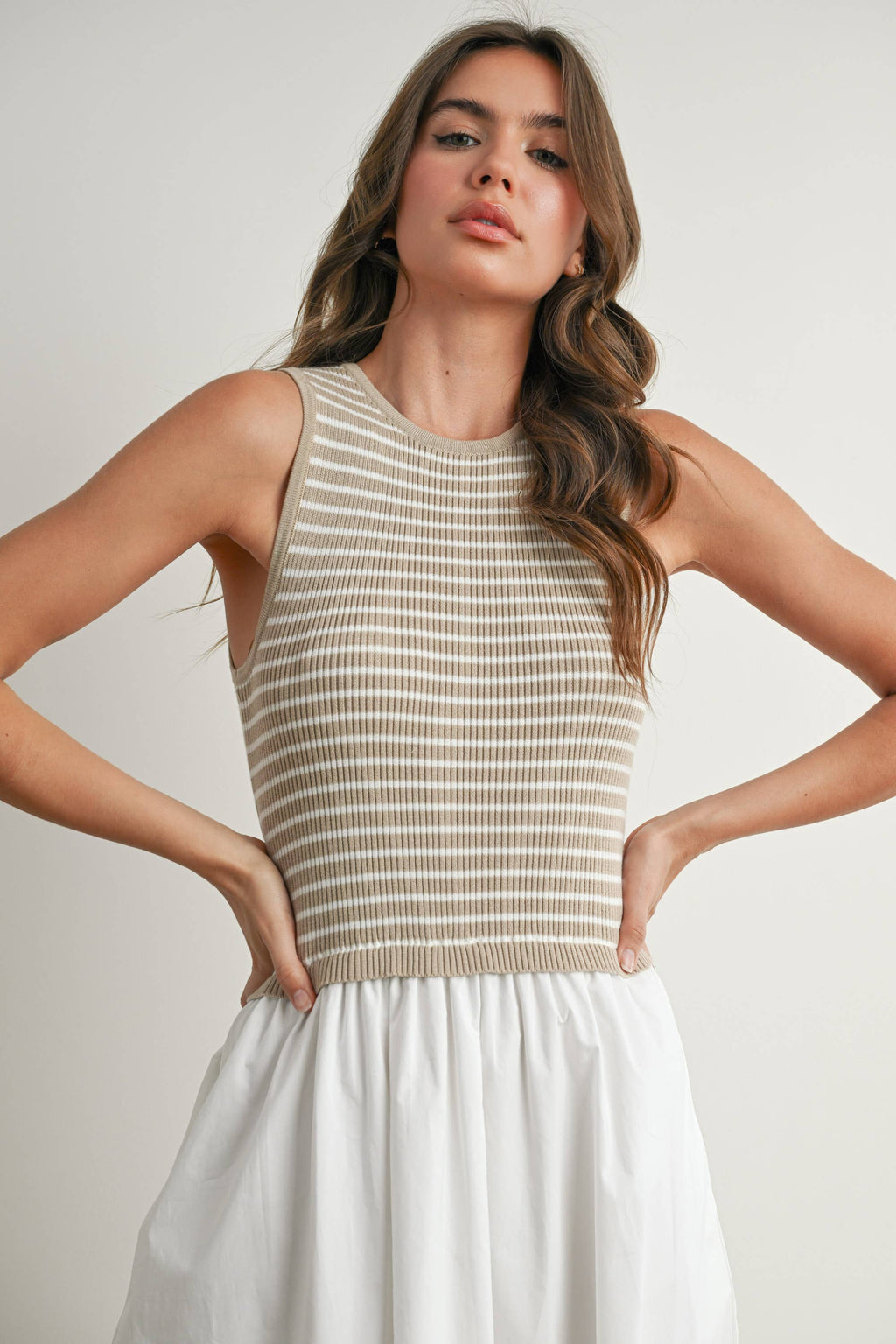 Striped Sleeveless Maxi Dress with Pockets - BMD7594: IVORY / IVORY