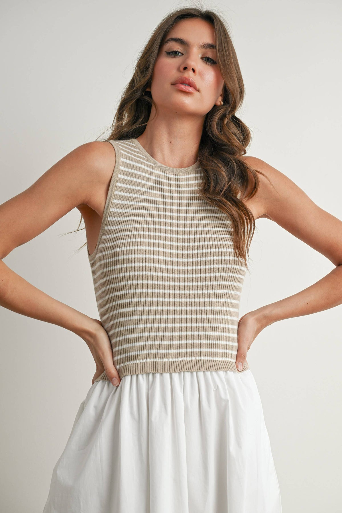 Striped Sleeveless Maxi Dress with Pockets - BMD7594: IVORY / IVORY
