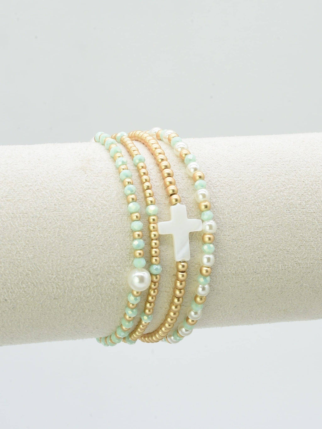 CB2349 4 Piece Glass, Pearl, Cross Bracelet Set: Red