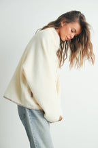 Fall Cozy Snap Mock Neck Sherpa Fleece Jacket - BMJ7547: IVORY / MULTI