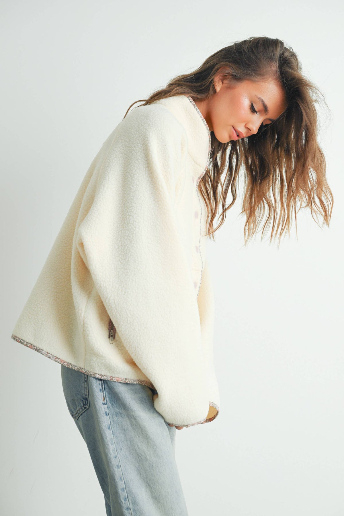 Fall Cozy Snap Mock Neck Sherpa Fleece Jacket - BMJ7547: IVORY / MULTI