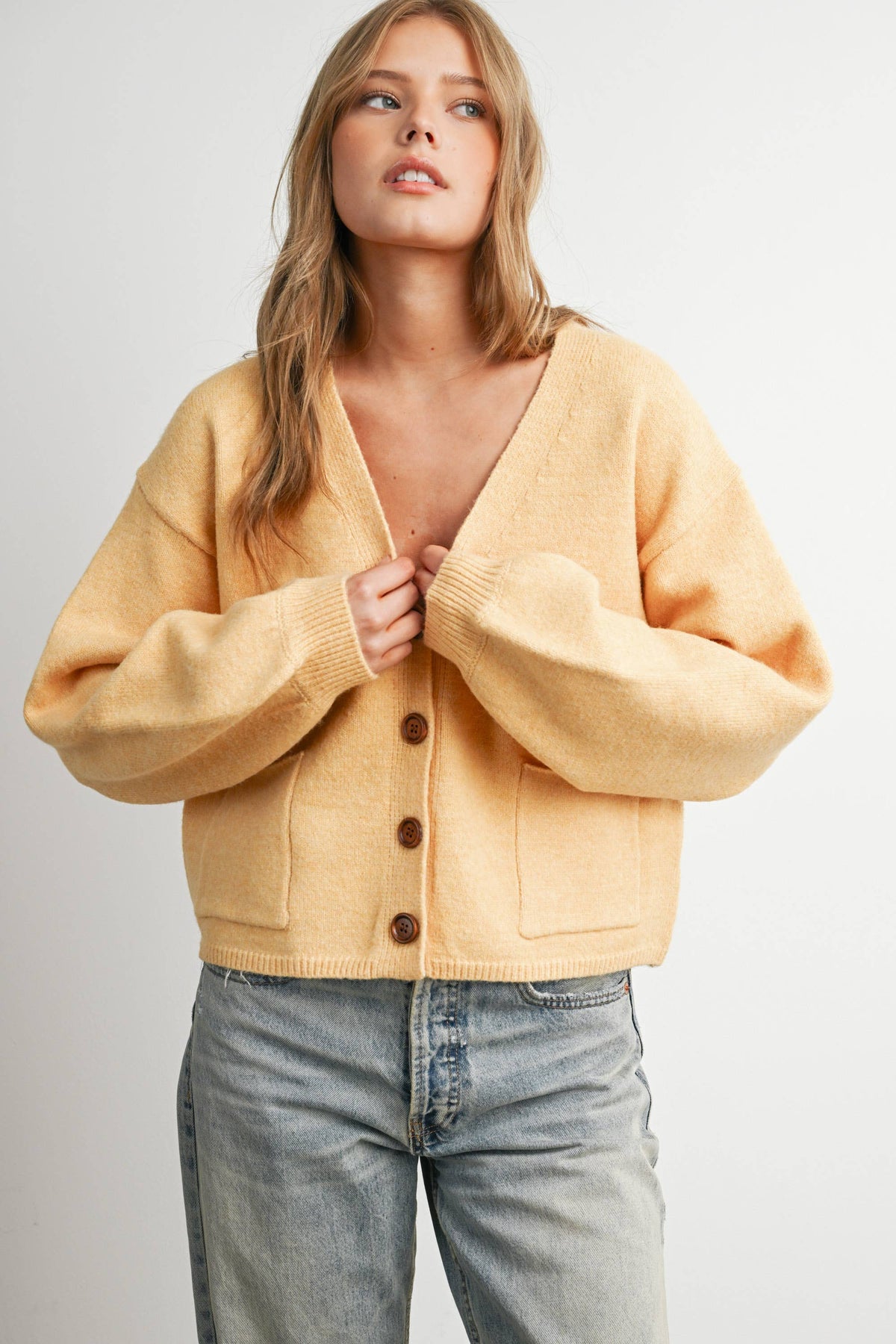 V-Neck Cuff Button-Up Long Sleeve Top - BMC7802: MARIGOLD