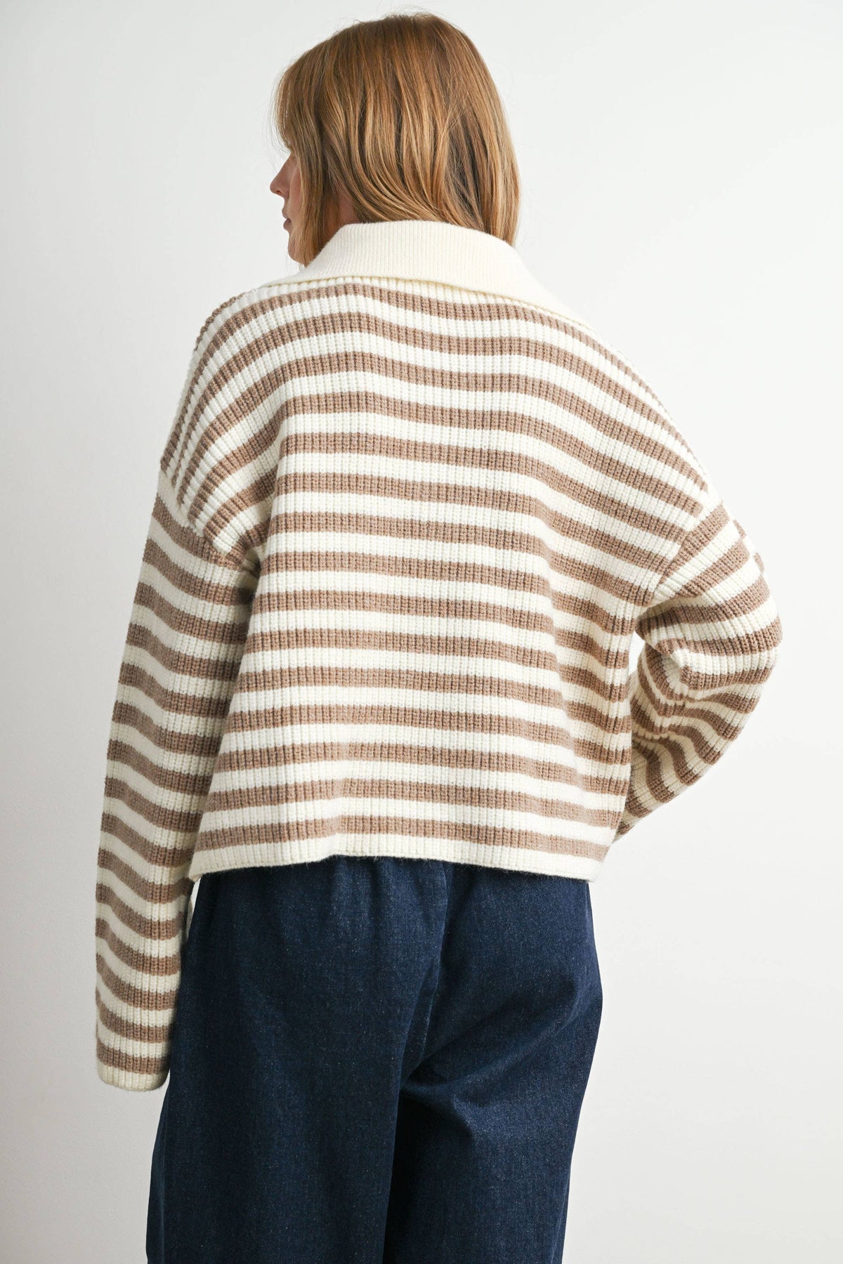 Striped Collared Knit Sweater-BMW8592: IVORY / TAUPE
