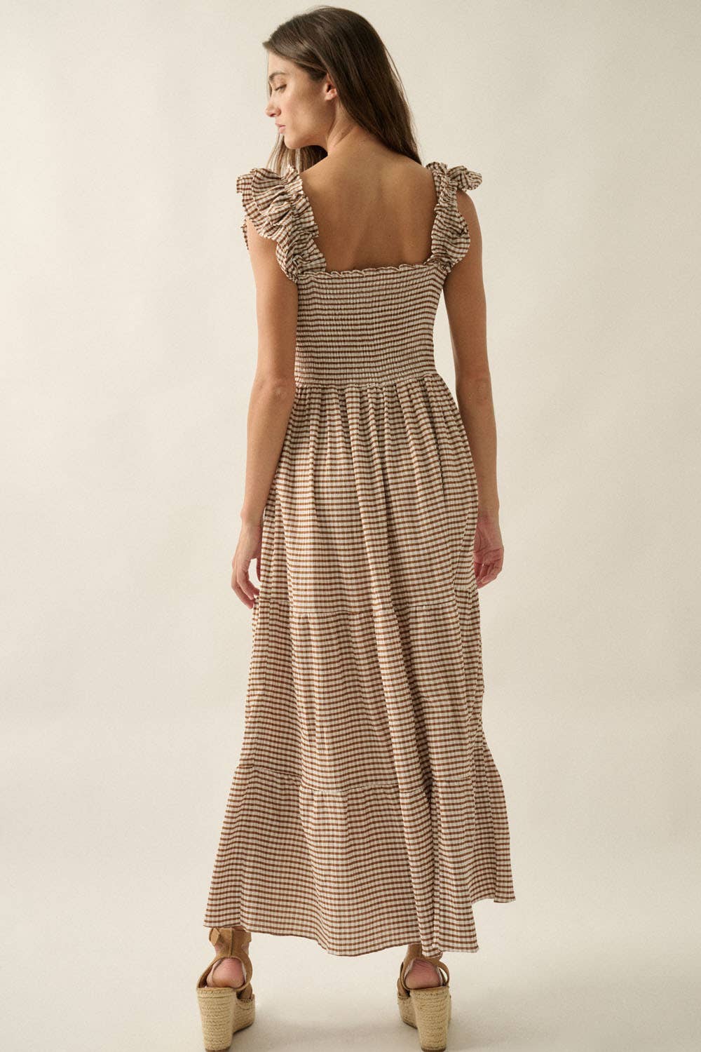 Gingham Plaid Smock Square-Neck Ruffled Maxi Dress: Brown