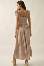 Gingham Plaid Smock Square-Neck Ruffled Maxi Dress: Brown