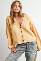 V-Neck Cuff Button-Up Long Sleeve Top - BMC7802: MARIGOLD