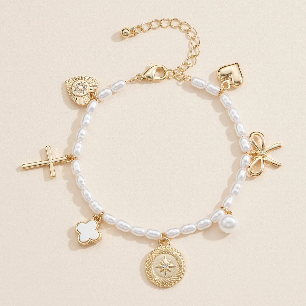 Pearl Charm Bracelet – Cross, Heart, Compass, Clover and Bow Charms With Adjustable Chain: Gold / One / 4SB21004