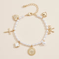 Pearl Charm Bracelet – Cross, Heart, Compass, Clover and Bow Charms With Adjustable Chain: Gold / One / 4SB21004