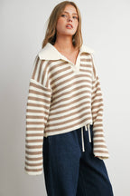 Striped Collared Knit Sweater-BMW8592: IVORY / TAUPE