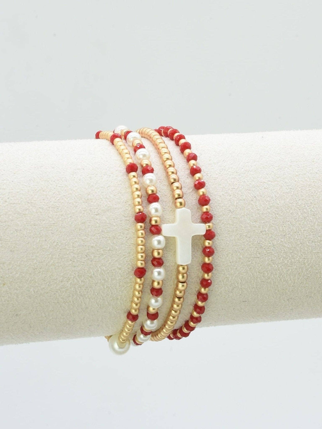 CB2349 4 Piece Glass, Pearl, Cross Bracelet Set: Red