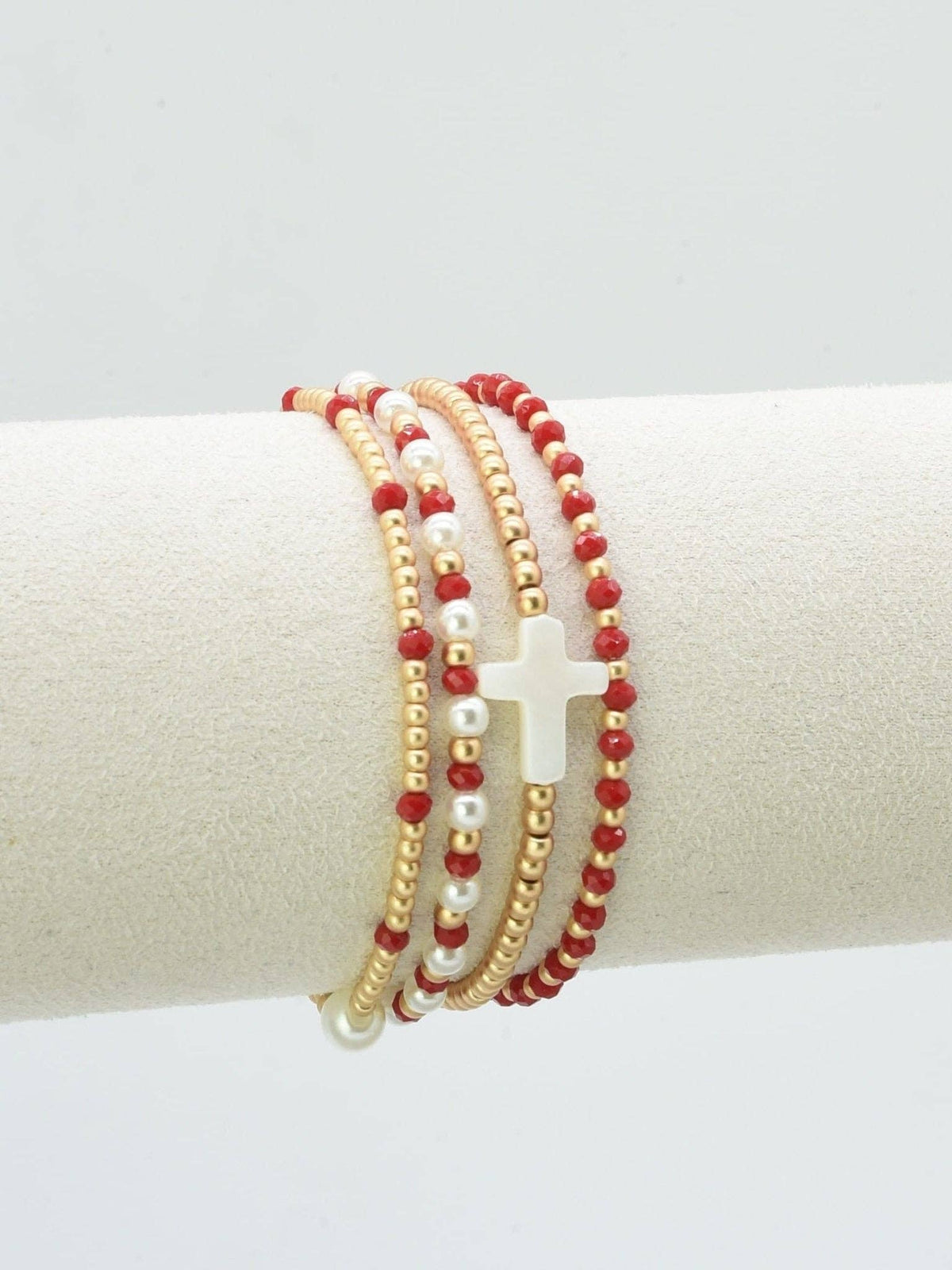 CB2349 4 Piece Glass, Pearl, Cross Bracelet Set: Red