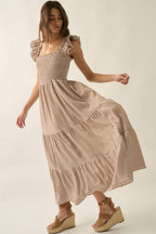 Gingham Plaid Smock Square-Neck Ruffled Maxi Dress: Brown