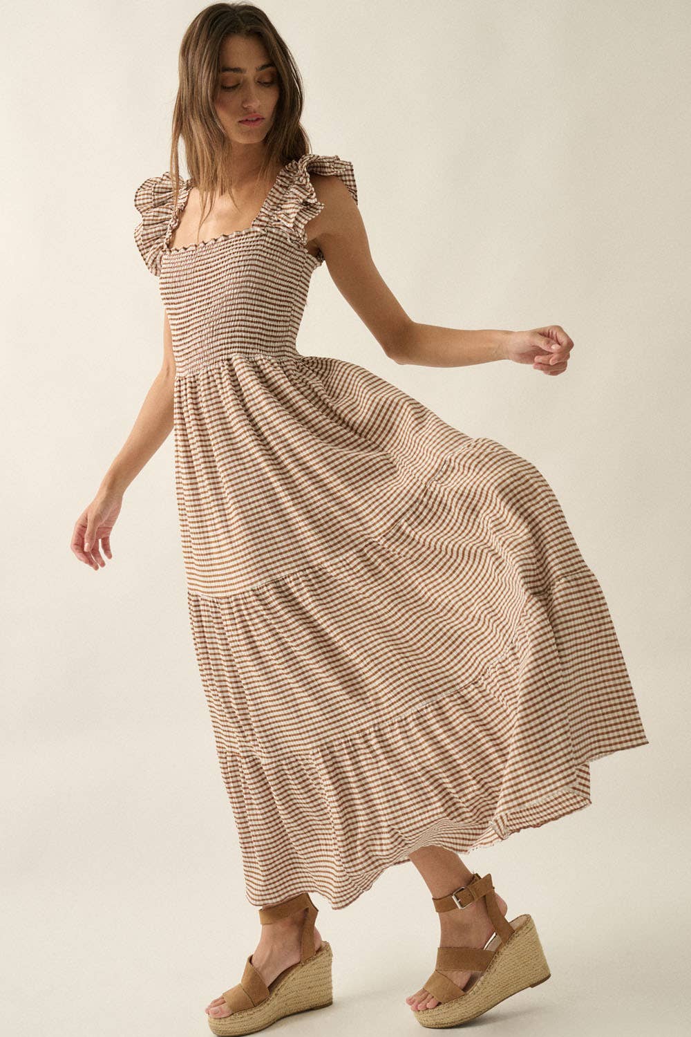 Gingham Plaid Smock Square-Neck Ruffled Maxi Dress: Brown