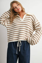 Striped Collared Knit Sweater-BMW8592: IVORY / TAUPE