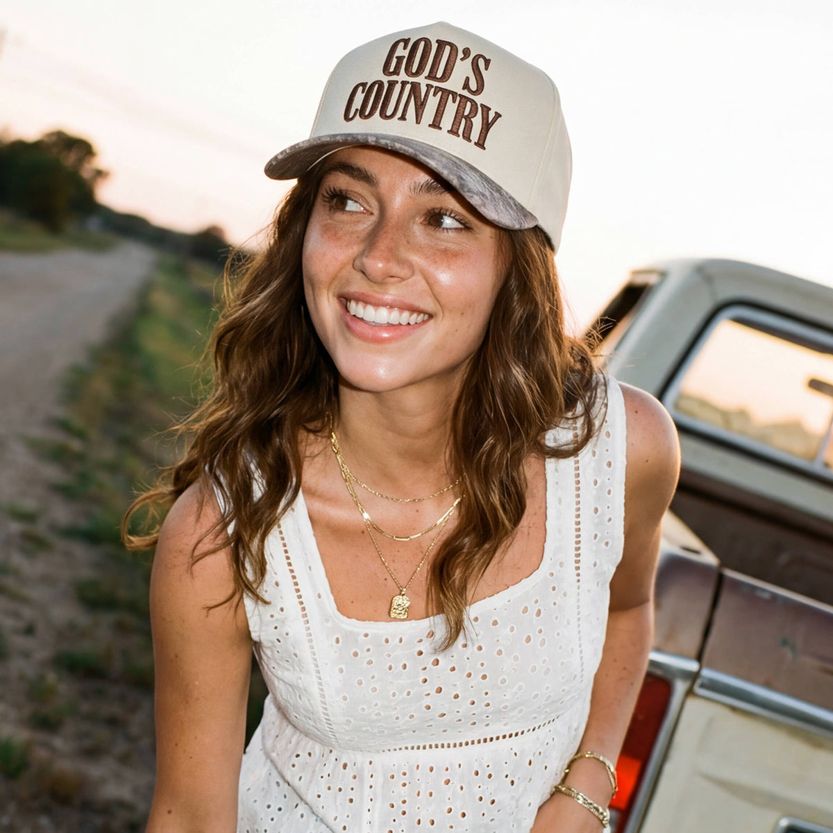 C.C GOD'S COUNTRY Letter on Two Tone Trucker Hat: Red