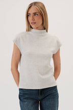 MOCK NECK CAP SHORT SLEEVE HIGH-LOW TOP: ASH GREY