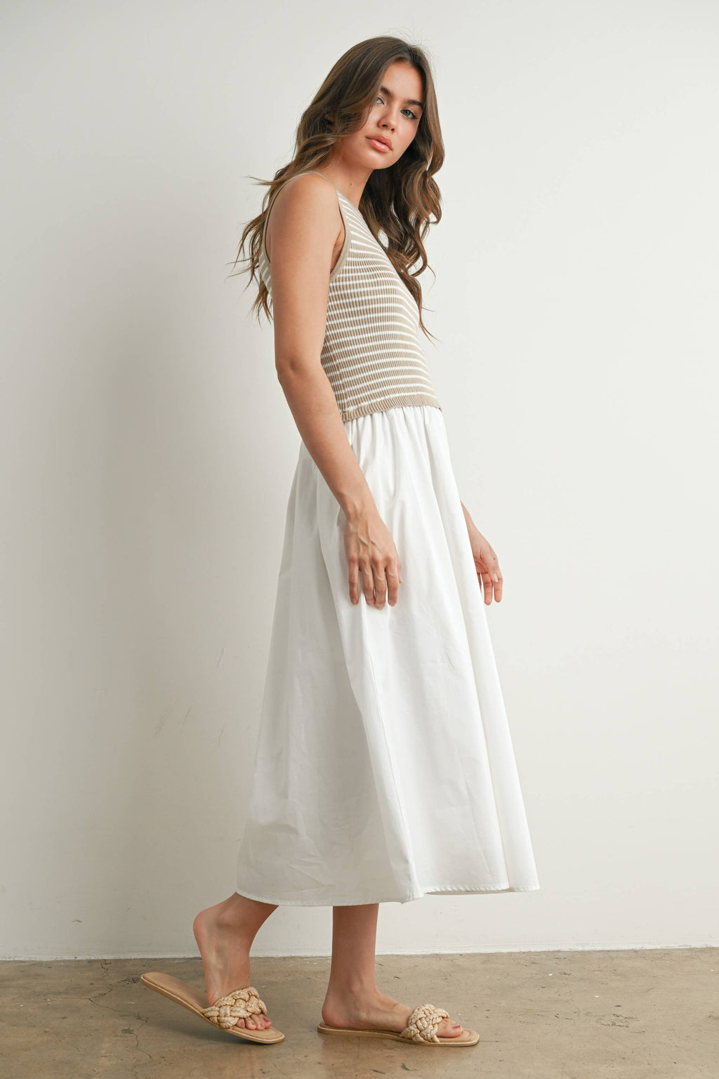 Striped Sleeveless Maxi Dress with Pockets - BMD7594: IVORY / IVORY