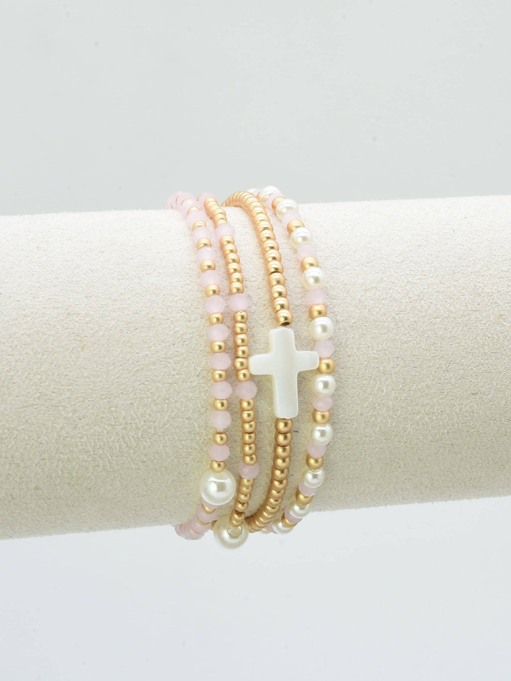 CB2349 4 Piece Glass, Pearl, Cross Bracelet Set: Red