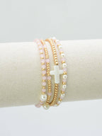 CB2349 4 Piece Glass, Pearl, Cross Bracelet Set: Red