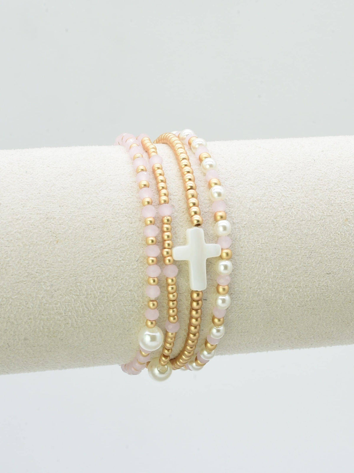 CB2349 4 Piece Glass, Pearl, Cross Bracelet Set: Red