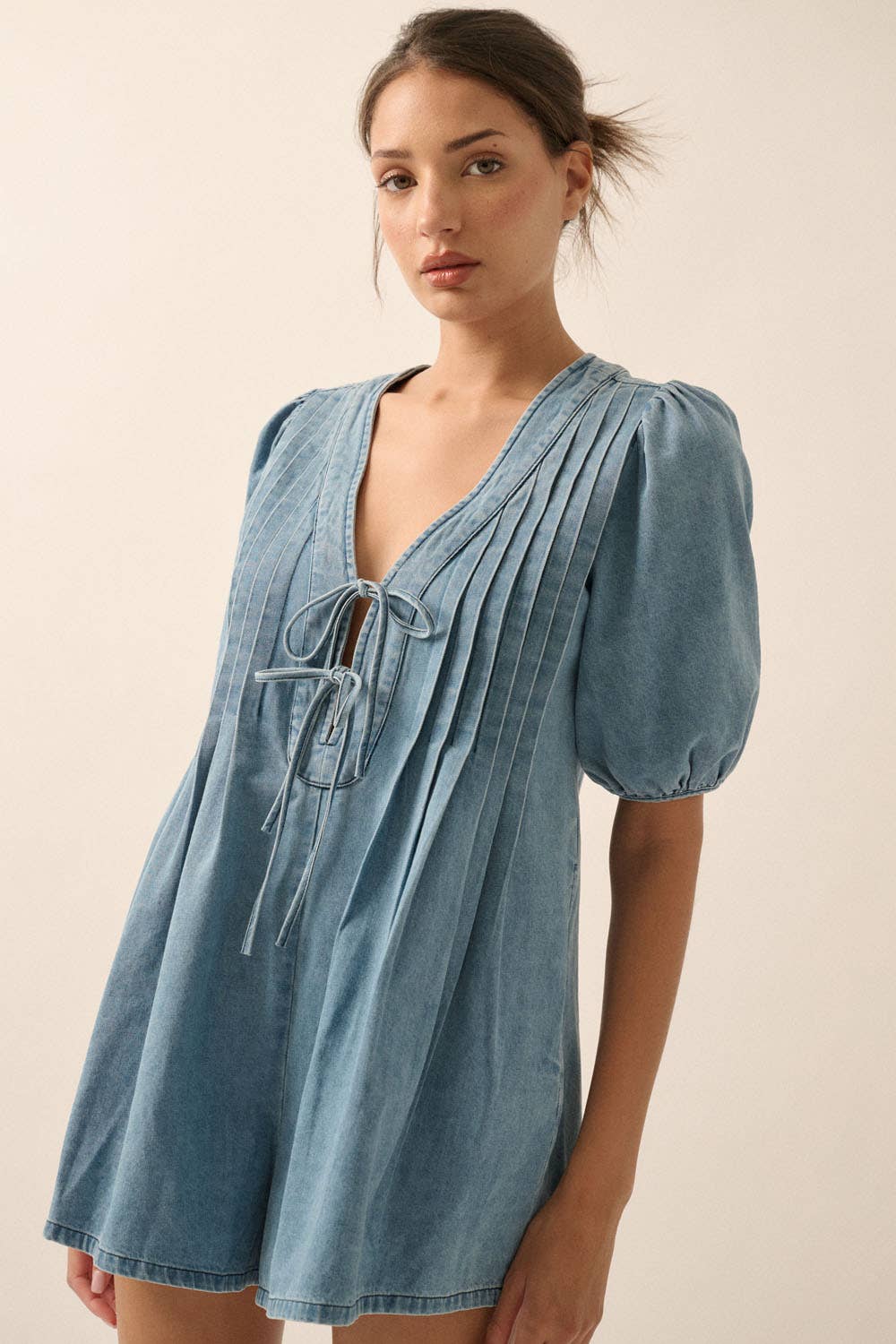 Denim Puff-Sleeve Tie-Front Pleated Romper: Denim Blue