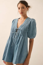 Denim Puff-Sleeve Tie-Front Pleated Romper: Denim Blue