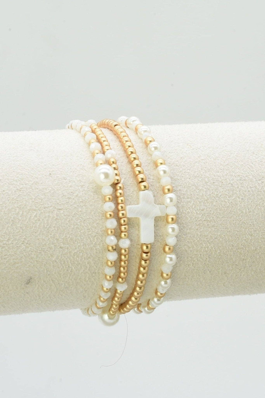 CB2349 4 Piece Glass, Pearl, Cross Bracelet Set: Red